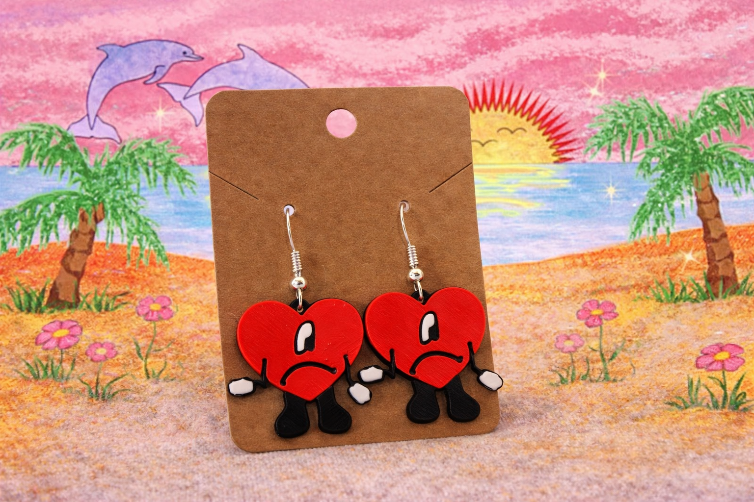 Pendientes Corazón Bad Bunny – Pendientes 3D Rojos con Diseño Divertido | Regalo Original